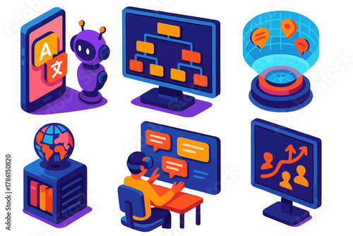 Future Linguistics Icons. Isometric vector illustration set Future of Historical Linguistics: AI translation software, digital