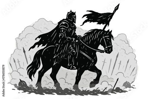 Shadow Knight Ride. Shadowy knight on horseback carrying a tattered banner, riding through a foggy battlefield, black and white