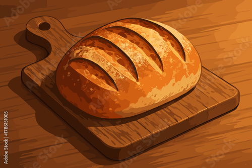 Sourdough Bread Artistry. Rustic wooden cutting board with a fresh vector illustration loaf of sourdough bread, soft warm lighting