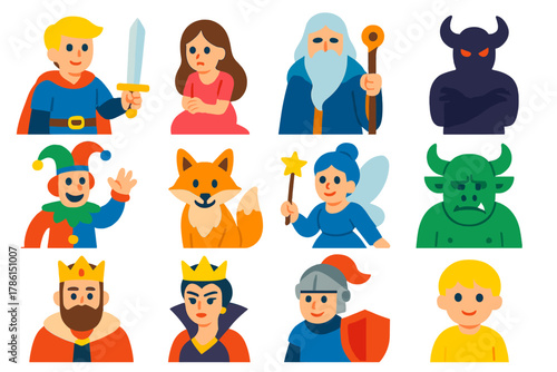 Fairy Tale Archetype Icons. Flat vector icons of fairy tale archetypes: hero figure, damsel in distress, wise mentor, villain