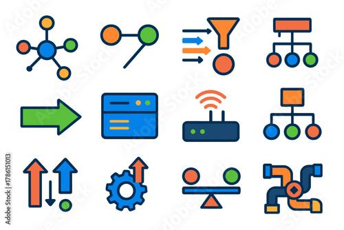 Network Optimization Icons. Flat vector icons of network and system optimization: network node, connection line, data flow,