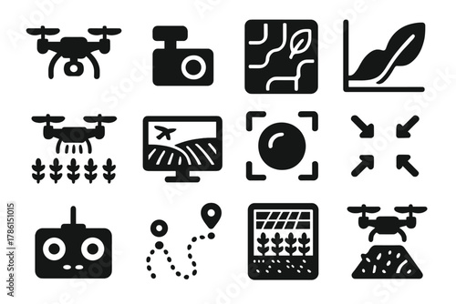 Drone Crop Monitoring Icons. Solid style icons of drone crop monitoring: quadcopter drone, aerial camera, crop health map, NDVI