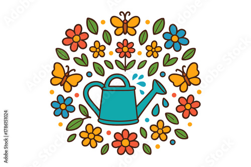 Garden Mandala Symphony. Watering can in the middle with droplets, flowers, leaves, and butterflies radiating outward in garden