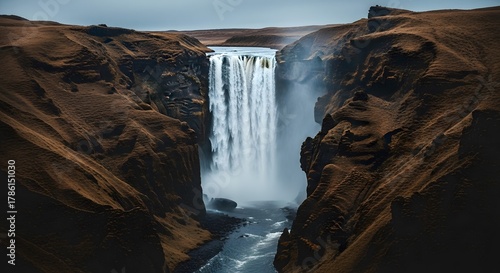 A dramatic cinematic photograph of a huge waterfall streaming between towering cliffs, surrounded by rising mist and cool ambient light, blue-gray tones, warm brown cliffs, volumetric fog, photo-reali