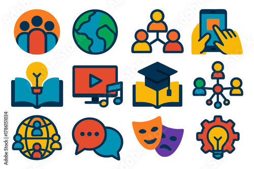 Tech Societal Icons. Flat vector icons of societal and cultural implications of technology: community icon, globe, connected