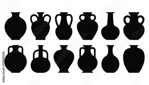 Collection of black silhouette ancient Greek amphorae and vases with handles on white background pottery