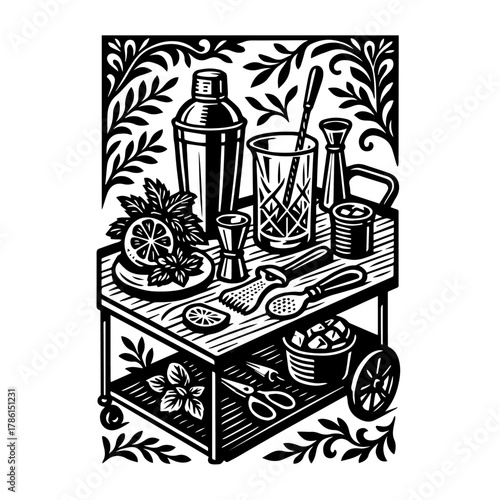 Ottoman style street coffee cart with cezve cups and spices in folk engraving