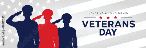 Veterans Day banner with a soldier silhouette saluting, flanked by American flags, set against a background of stars and stripes. Honors veterans and service members who served the USA.