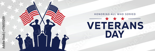 Veterans Day banner with a soldier silhouette saluting, flanked by American flags, set against a background of stars and stripes. Honors veterans and service members who served the USA.