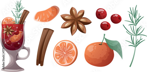 large set of ingredients for making mulled wine. Aromatic spices, a warming drink, lemonade