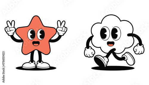 Retro cartoon star character giving peace sign and cloud character running vintage