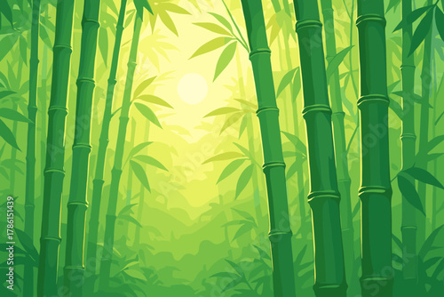 Sunlit Bamboo Serenity. Scenic shot of tall bamboo stalks glowing under soft vector illustration natural sunlight, vibrant green