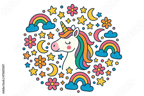 Unicorn Mandala Magic. Unicorn in the center with rainbows, stars, moons, and flowers arranged in a magical circular mandala