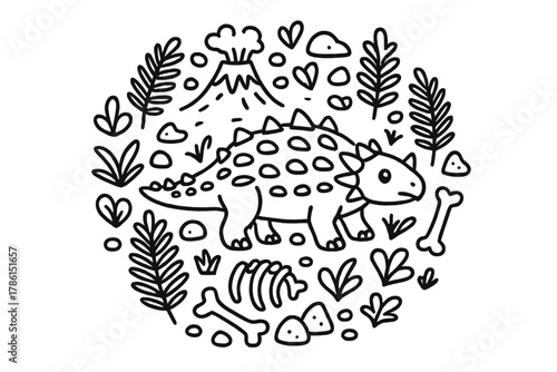 Ankylosaurus Coloring Page. Ankylosaurus in the middle with rocks, plants, volcanoes, and bones forming a decorative circular