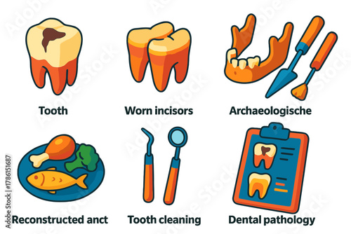 Ancient Dental Discoveries. Isometric vector illustration set Paleopathology of dental health: dental cavities, worn incisors,