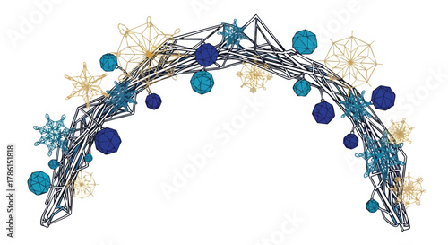 An elegant archway adorned with intricate blue and gold snowflakes and festive baubles, perfect for winter holiday celebrations and decorative design elements.