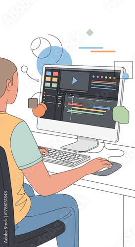 Man working on a computer with video editing software, creative process, digital media production, and multimedia content creation