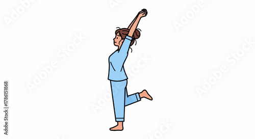 Woman in blue pajamas stretching arms overhead, balancing on one leg. Illustrates a morning routine, gentle wake-up, light exercise, self-care, and body flexibility