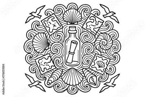 Bottle Mandala Art. Message in a bottle in the middle with shells, maps, waves, and seagulls forming a radial mandala, black and