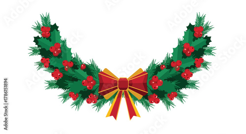 A vibrant illustration of a festive holiday garland adorned with lush green pine needles, bright red berries, and a golden-edged crimson bow, perfect for seasonal designs.