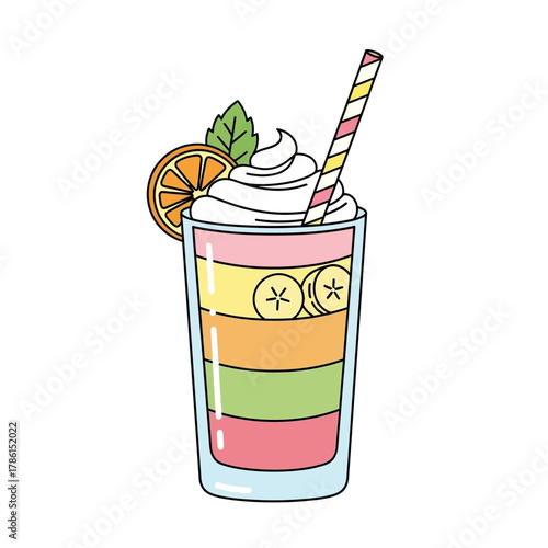 Vibrant layered fruit drink illustration in a glass, topped with whipped cream, citrus, and a colorful straw, a sweet and refreshing summer beverage