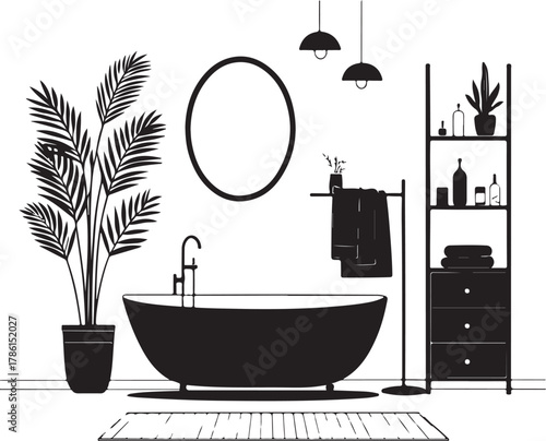 Modern bathroom interior with bathtub and plant illustration Keywords: bathroom, interior, bathtub, freestanding tub, oval mirror, shelving unit, plant, potted plant, palm, towels, hanging towels