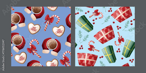 Seamless festive pattern with Christmas gifts. Pattern with colorful gifts. Edging, ribbon, border of outline festive Christmas symbols. Vector flat seamless border with gift boxes