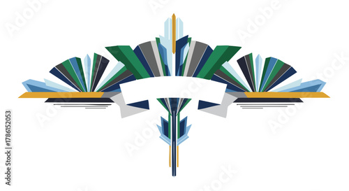 A vibrant Art Deco-inspired design with geometric shapes and a blank banner, perfect for adding text or branding on a white background.