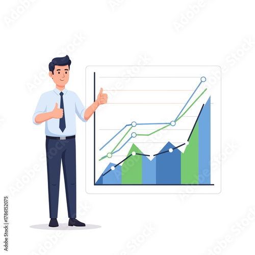 Man showing positive financial graph, representing growth and success