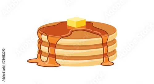 Illustration of perfectly stacked, fluffy golden pancakes generously drizzled with warm maple syrup and topped with a square of melting butter, an iconic breakfast delight