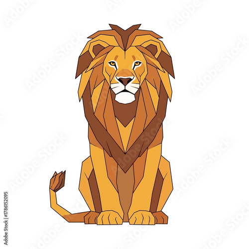 A majestic geometric lion illustration with a regal mane and piercing eyes, sitting proudly
