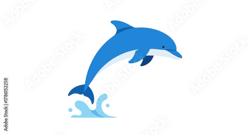 Playful blue dolphin leaping from the water with a splash. A cheerful cartoon marine animal illustration isolated on a white background, symbolizing joy and freedom