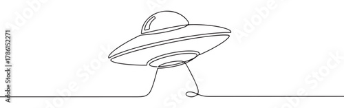 Continuous one line drawing of a UFO or flying saucer. Concept of aliens, science fiction and mystery