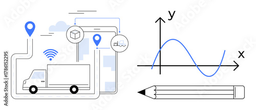 Truck on route map with mobile GPS tracking, pencil, and X-Y graph for data analysis. Ideal for logistics, transport, supply chain, data, planning technology and education. Simple flat metaphor