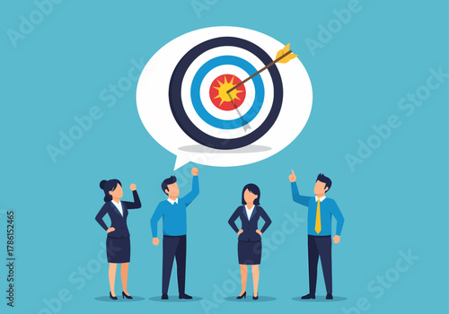 A team of business professionals stands together, looking up at a speech bubble showing a target with an arrow in the bullseye, symbolizing their shared objective