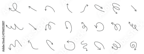 Doodle spiral arrows icon set. Hand drawn quirky twist line, curve wave symbol. vector illustration.