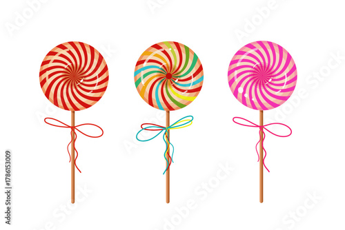  Round sweet caramel candies - lollipops, vector illustration on a white background. Assorted colored lollipops. Holiday sweets vector illustration on a white background