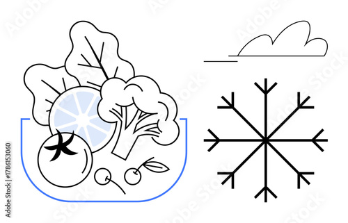 Leafy greens, broccoli, tomato, citrus slice, cherries in bowl alongside snowflake and cloud. Ideal for food preservation, refrigeration, freshness, cooling systems healthy eating sustainable