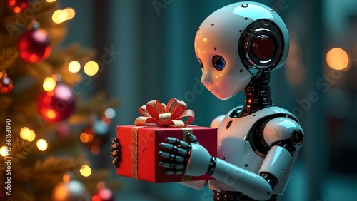 A robot holds a New Year's gift in a festive setting filled with Christmas decorations and lights.