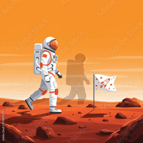 Astronaut plants a flag on Mars, symbolizing exploration and humanity's reach into the cosmos.