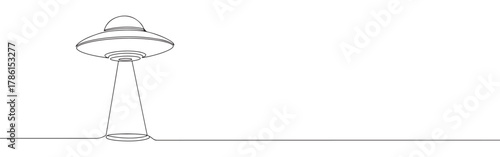 Continuous one line drawing of a UFO or flying saucer. Concept of aliens, science fiction and mystery