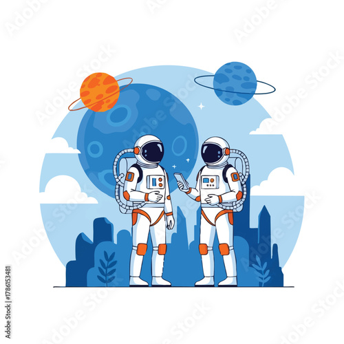 Two astronauts in futuristic suits stand on an alien planet, communicating with each other amidst a cosmic cityscape.