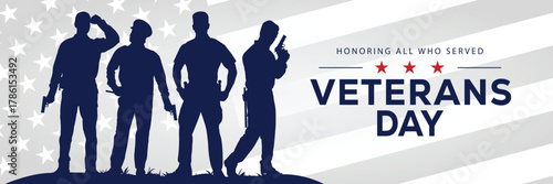 Veterans Day banner with a soldier silhouette saluting, flanked by American flags, set against a background of stars and stripes. Honors veterans and service members who served the USA.