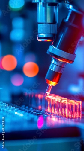 Close-up of a laboratory microscope analyzing samples with vibrant lighting, showcasing advanced scientific research.