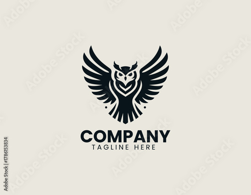 Majestic owl silhouette vector logo illustration with powerful, symmetrically spread wings and detailed feather texture. Wisdom and power concept