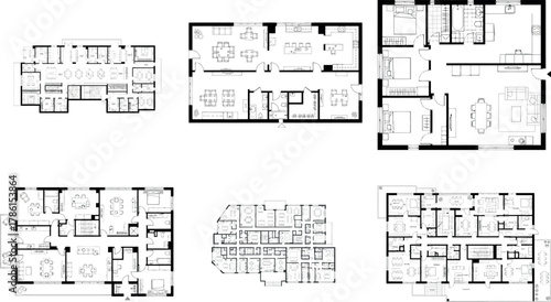 Collection of six different floor plan layouts