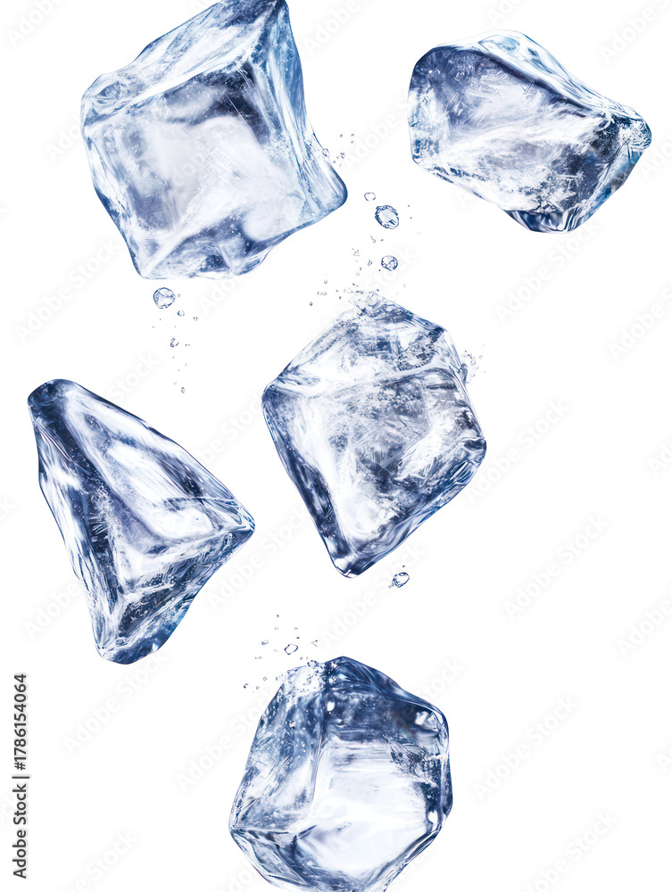 Obraz premium Several clear ice cubes falling isolated on transparent background