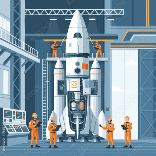 A detailed illustration shows engineers meticulously inspecting and preparing a large rocket for launch within a modern aerospace facility.