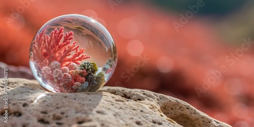 Fototapeta Naklejka Na Ścianę i Meble -  Stunning coral reef reflected in crystal ball with vibrant colors and bokeh effect