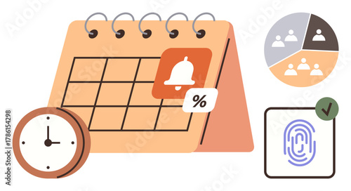 Calendar with notification, clock, pie chart of teams, fingerprint access, green check. Ideal for organization, productivity, scheduling planning reminders security teamwork. Simple flat metaphor